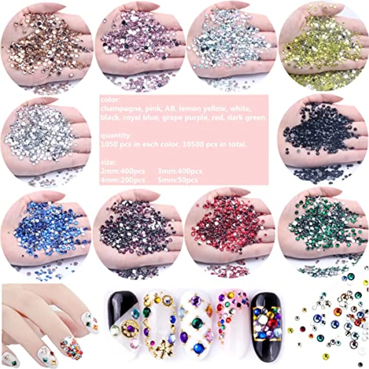 editTime 10500 Pieces Nail Art Rhinestones Crystals AB Flatback Rhinestones Stones Gems with Pick Up Tweezer and Brush for Nail Art Makeup Shoes Clothes Crafts (kit-1)