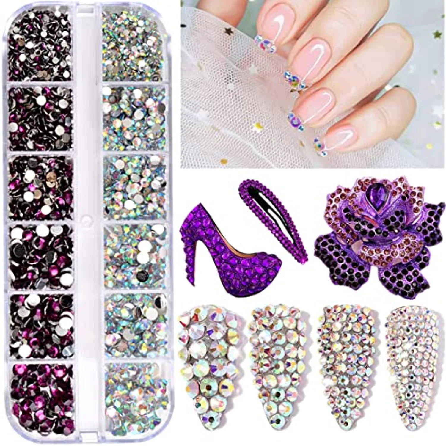 editTime 10500 Pieces Nail Art Rhinestones Crystals AB Flatback Rhinestones Stones Gems with Pick Up Tweezer and Brush for Nail Art Makeup Shoes Clothes Crafts (kit-1)