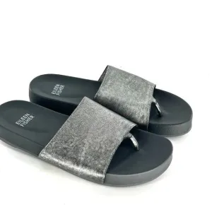 Eileen Fisher Thong Slide Sandals 6.5 NWOT Leather Gray Metallic Silver Women's
