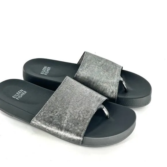 Eileen Fisher Thong Slide Sandals 6.5 NWOT Leather Gray Metallic Silver Women's