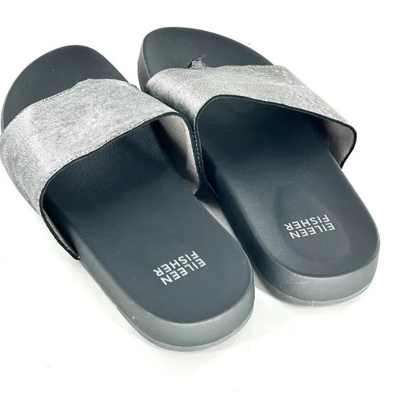 Eileen Fisher Thong Slide Sandals 6.5 NWOT Leather Gray Metallic Silver Women's