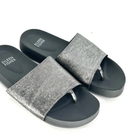 Eileen Fisher Thong Slide Sandals 6.5 NWOT Leather Gray Metallic Silver Women's