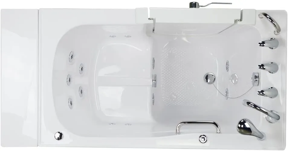 Ella's Bubbles OA3052HH-HB-L Capri Hydro Massage Acrylic Walk-In Bathtub, Left Outswing Door, Ella 5pc. Fast-Fill Faucet, Heated Seat, Dual 2" Drains, 30"x 52", White