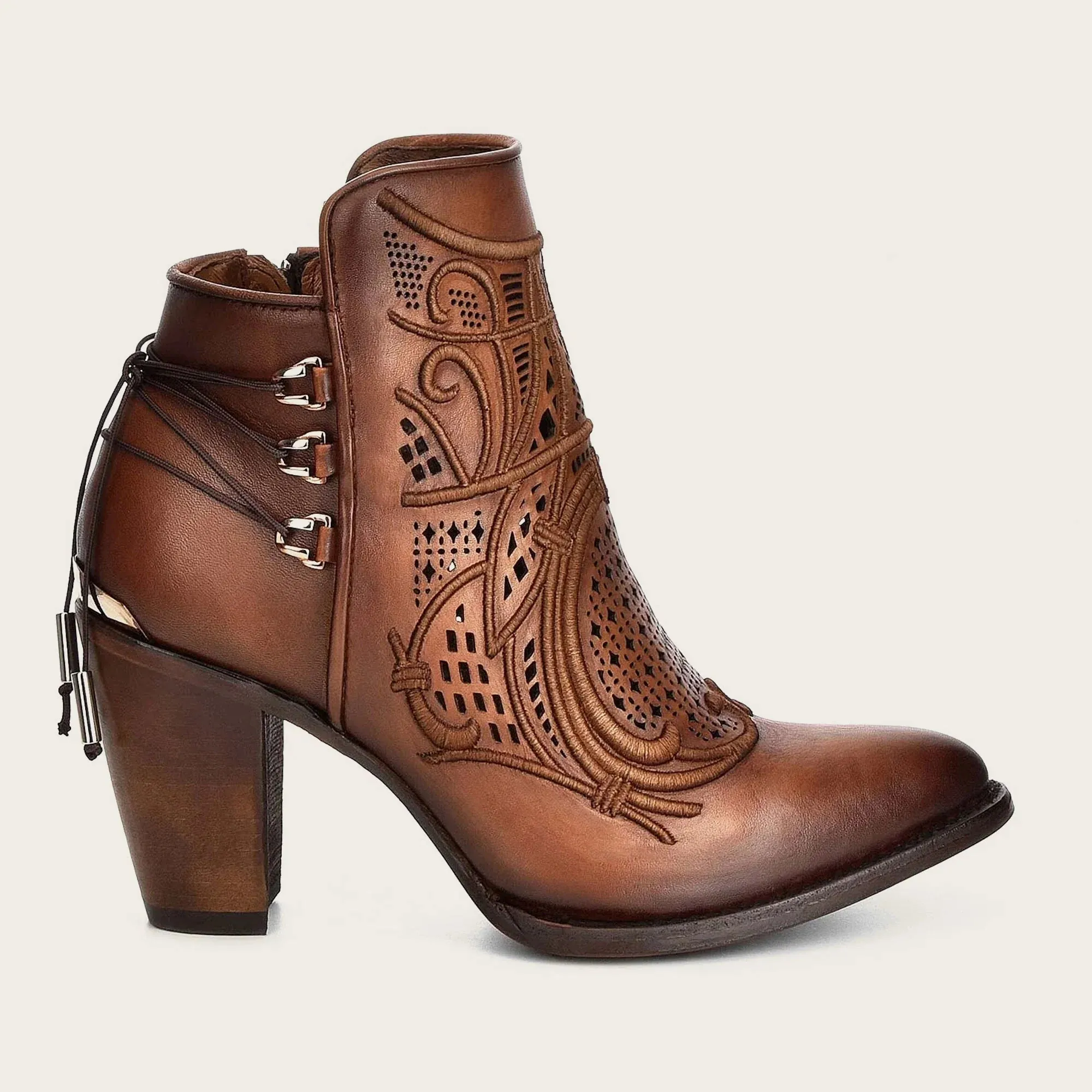 Embroidered honey leather bootie