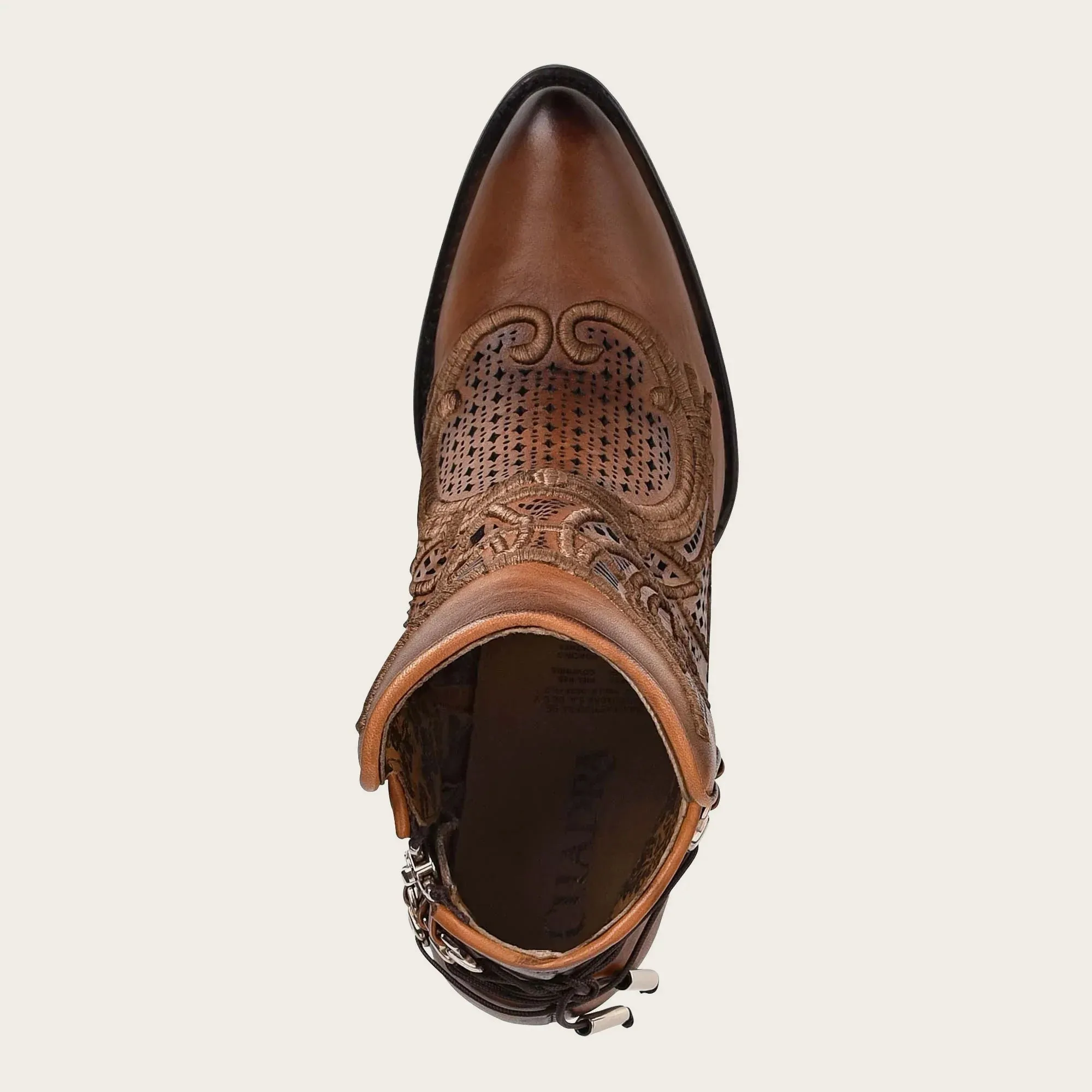 Embroidered honey leather bootie