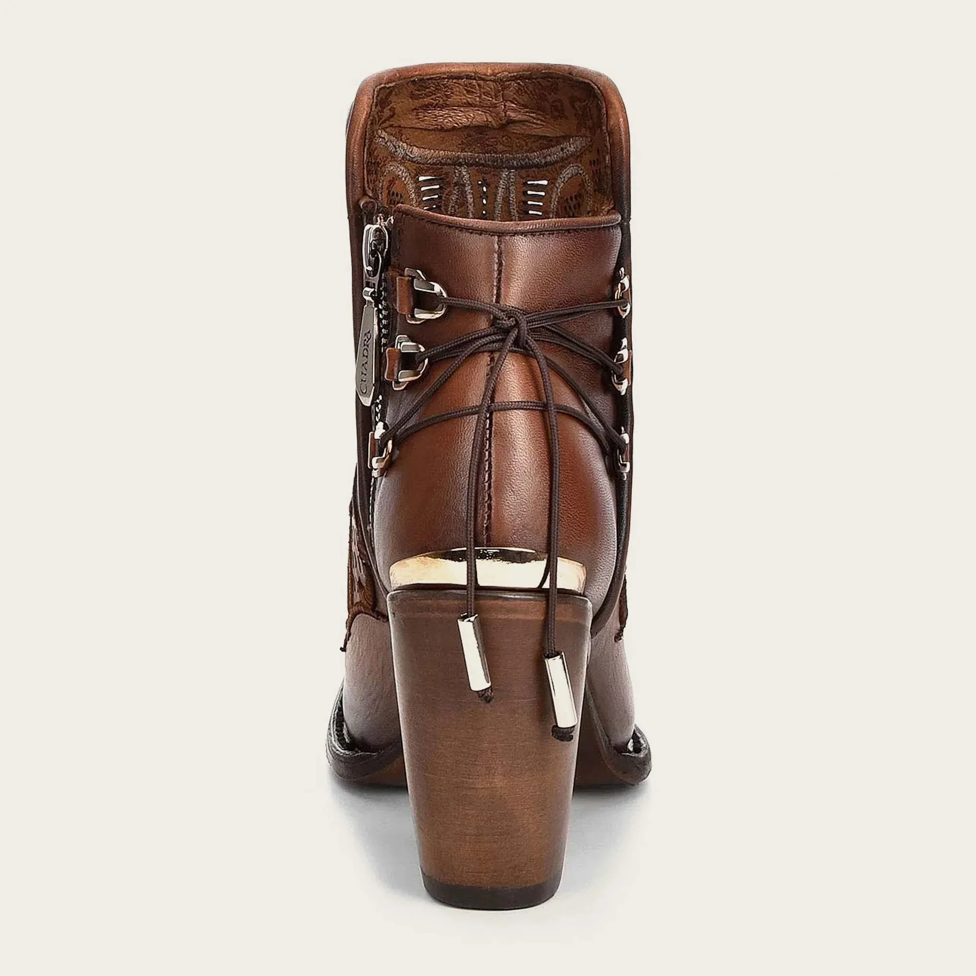 Embroidered honey leather bootie