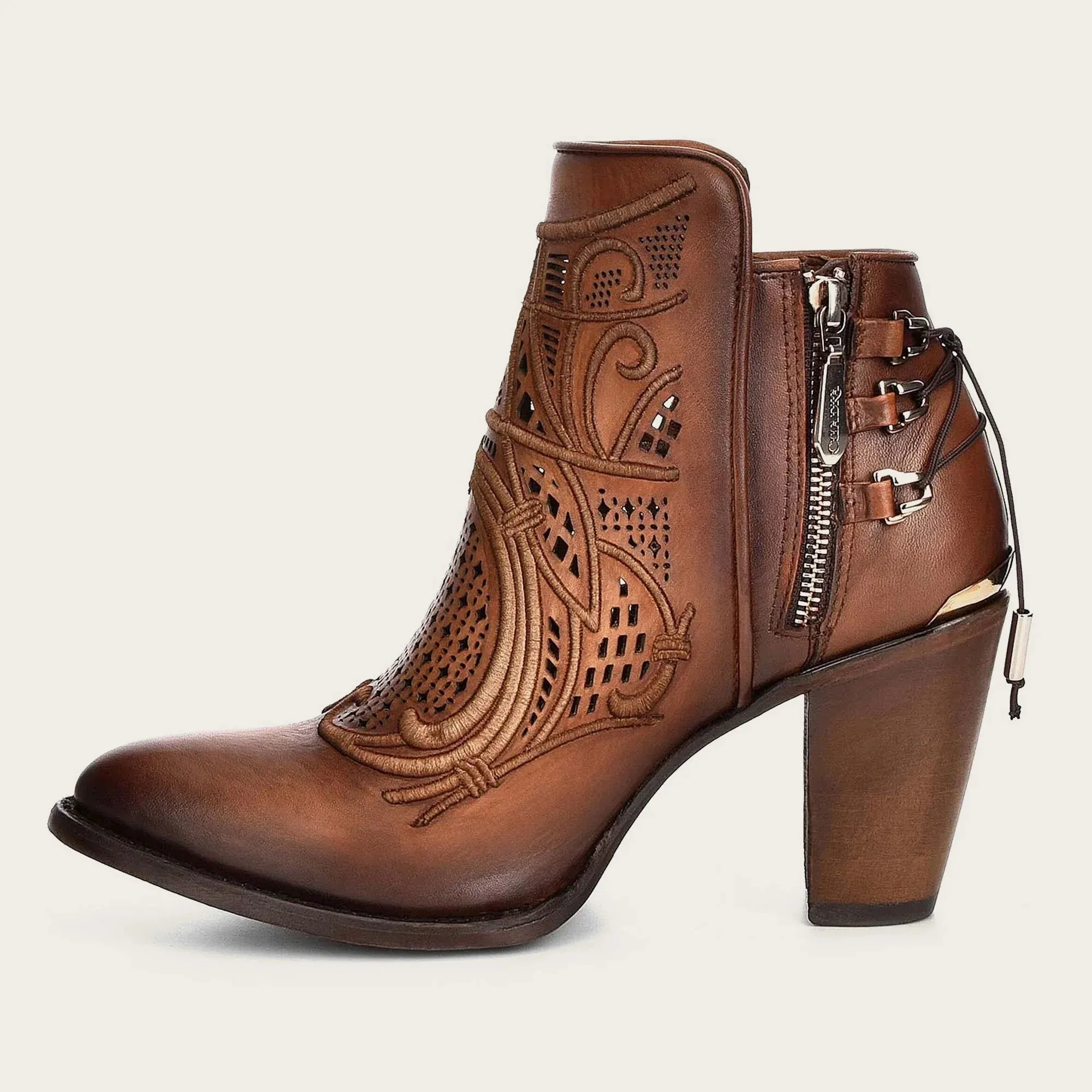 Embroidered honey leather bootie