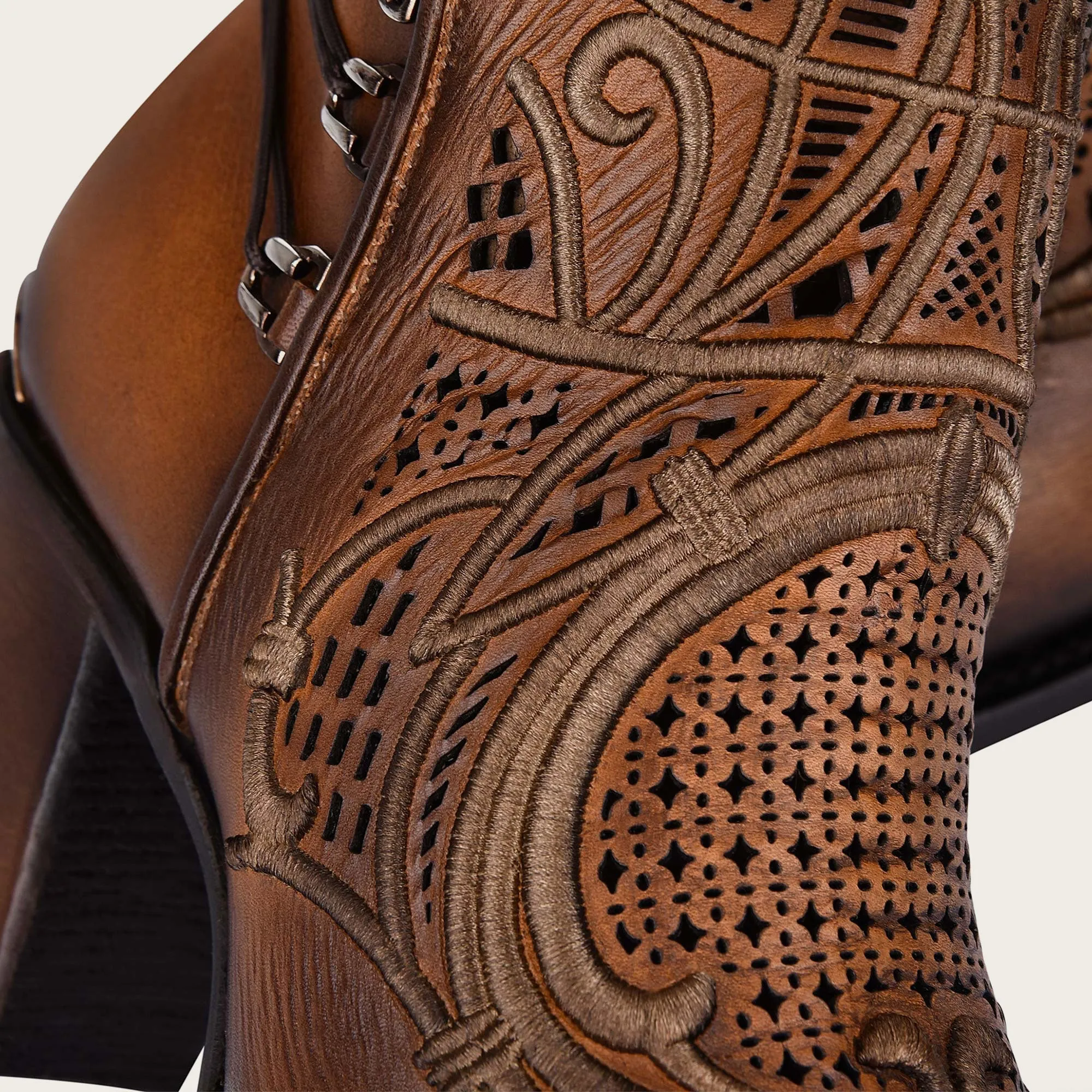 Embroidered honey leather bootie