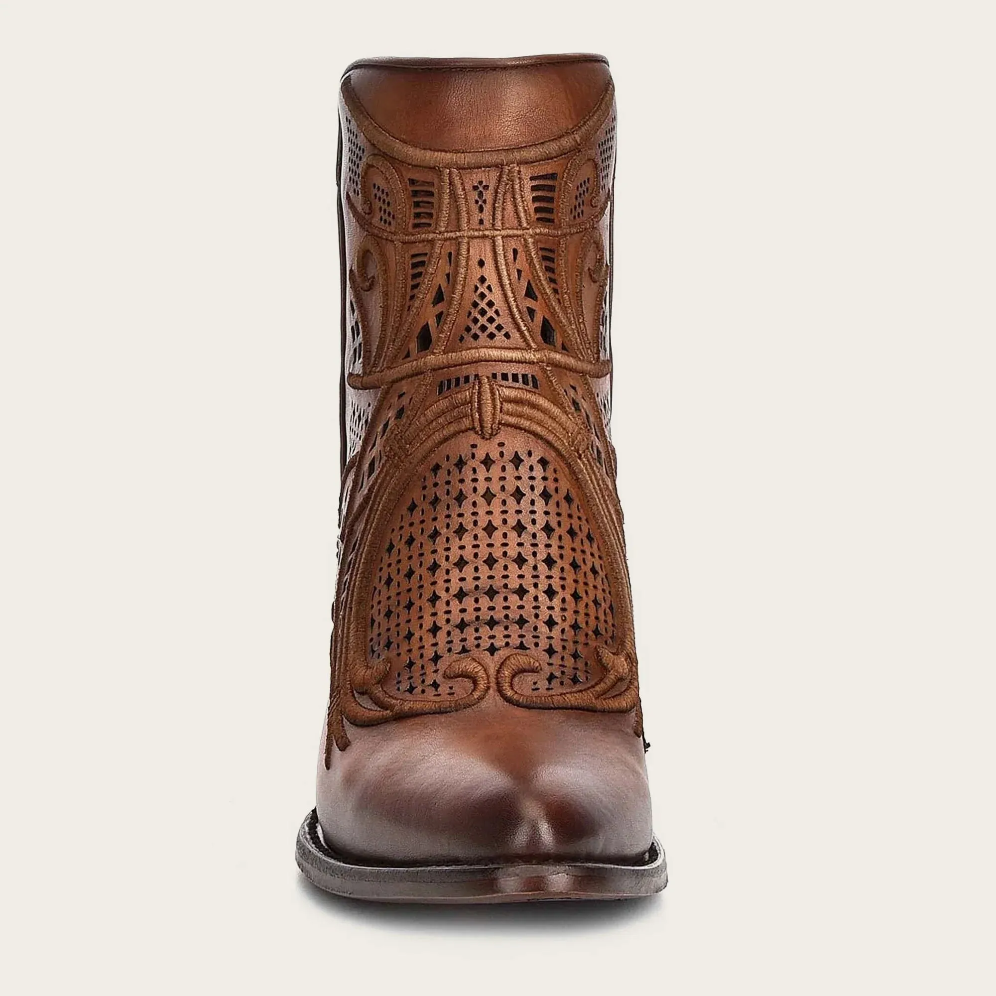 Embroidered honey leather bootie