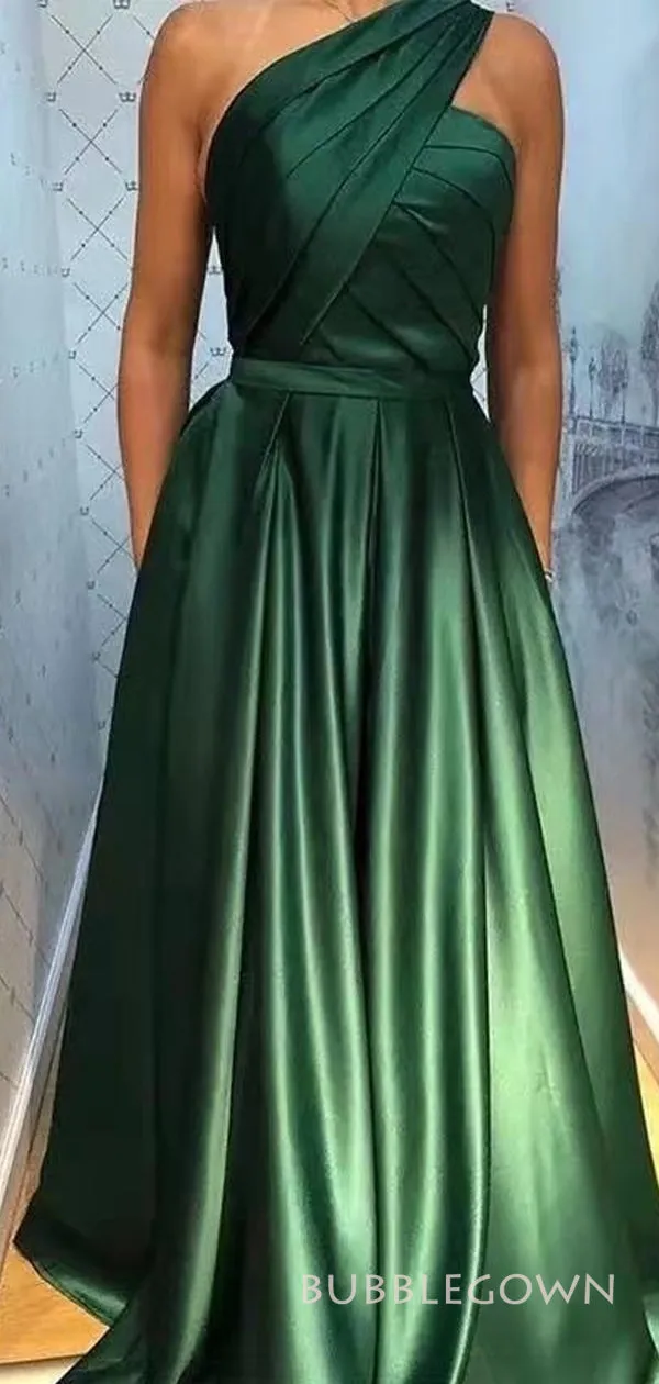 Emerald Satin A-line One Shoulder Long Evening Prom Dresses, Custom Cheap Prom Dresses, BGS0280