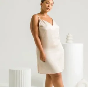 Ettitude Size L Sateen Slip Dress In Oat V Neck Side Slits 100% Lyocell Bamboo