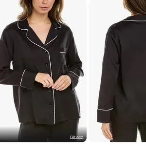 Ettitude Women's Sateen Long Sleeve Sleepshirt in Onyx Sz S $78