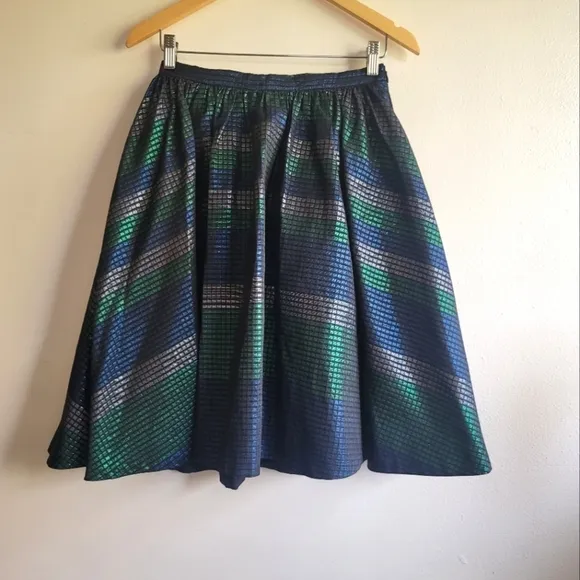 Eva Franco,‎ Metallic Grid Cocktail Skirt, Blue/Green/Silver/Black, Size 6