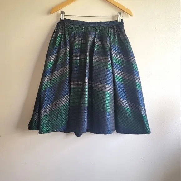 Eva Franco,‎ Metallic Grid Cocktail Skirt, Blue/Green/Silver/Black, Size 6