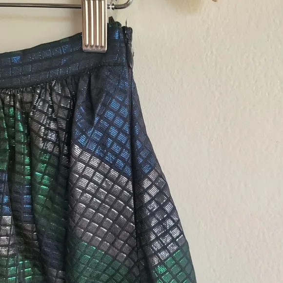 Eva Franco,‎ Metallic Grid Cocktail Skirt, Blue/Green/Silver/Black, Size 6
