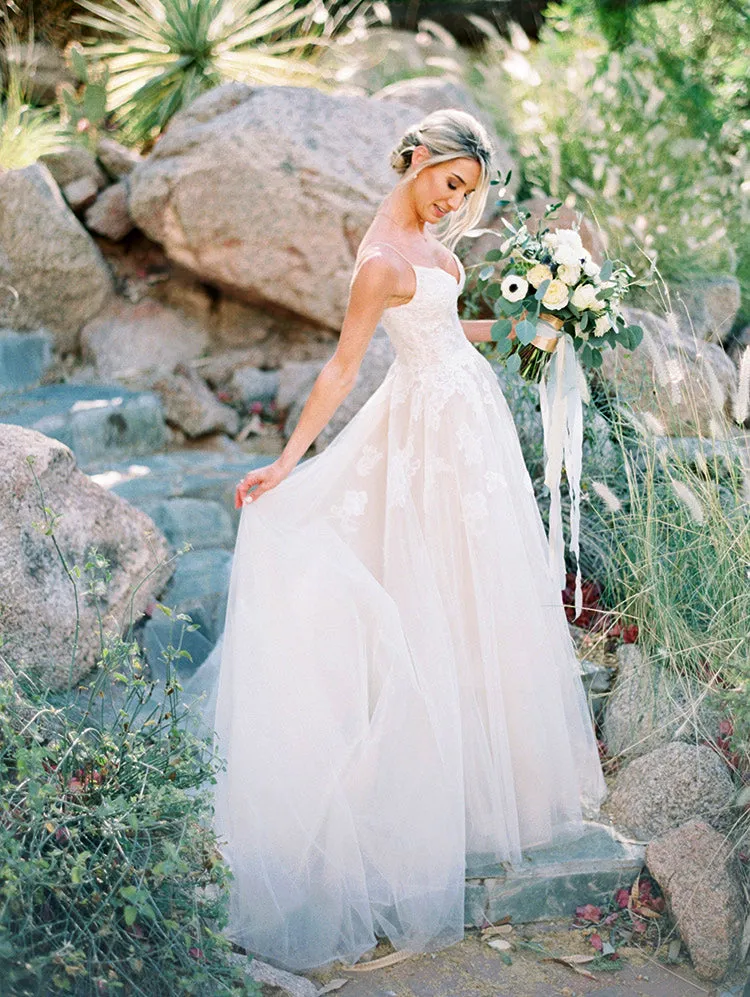 Fashion Spaghetti Strap Lace Top Tulle A-line Simple Beach Wedding Dresses, AB1159