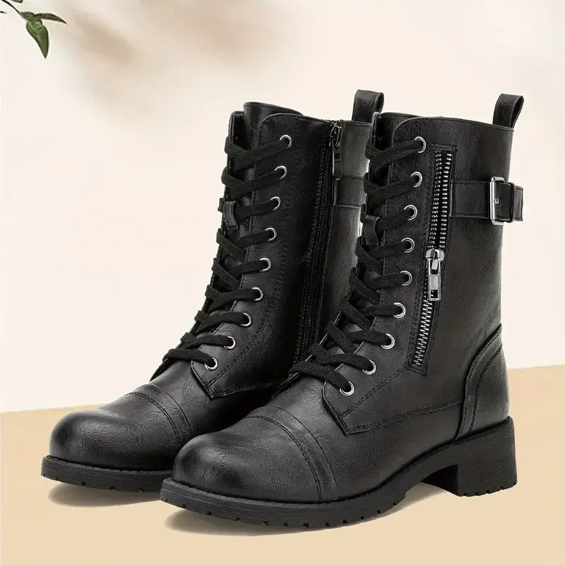 Fashionable Lace-Up Boots with Side Zipper