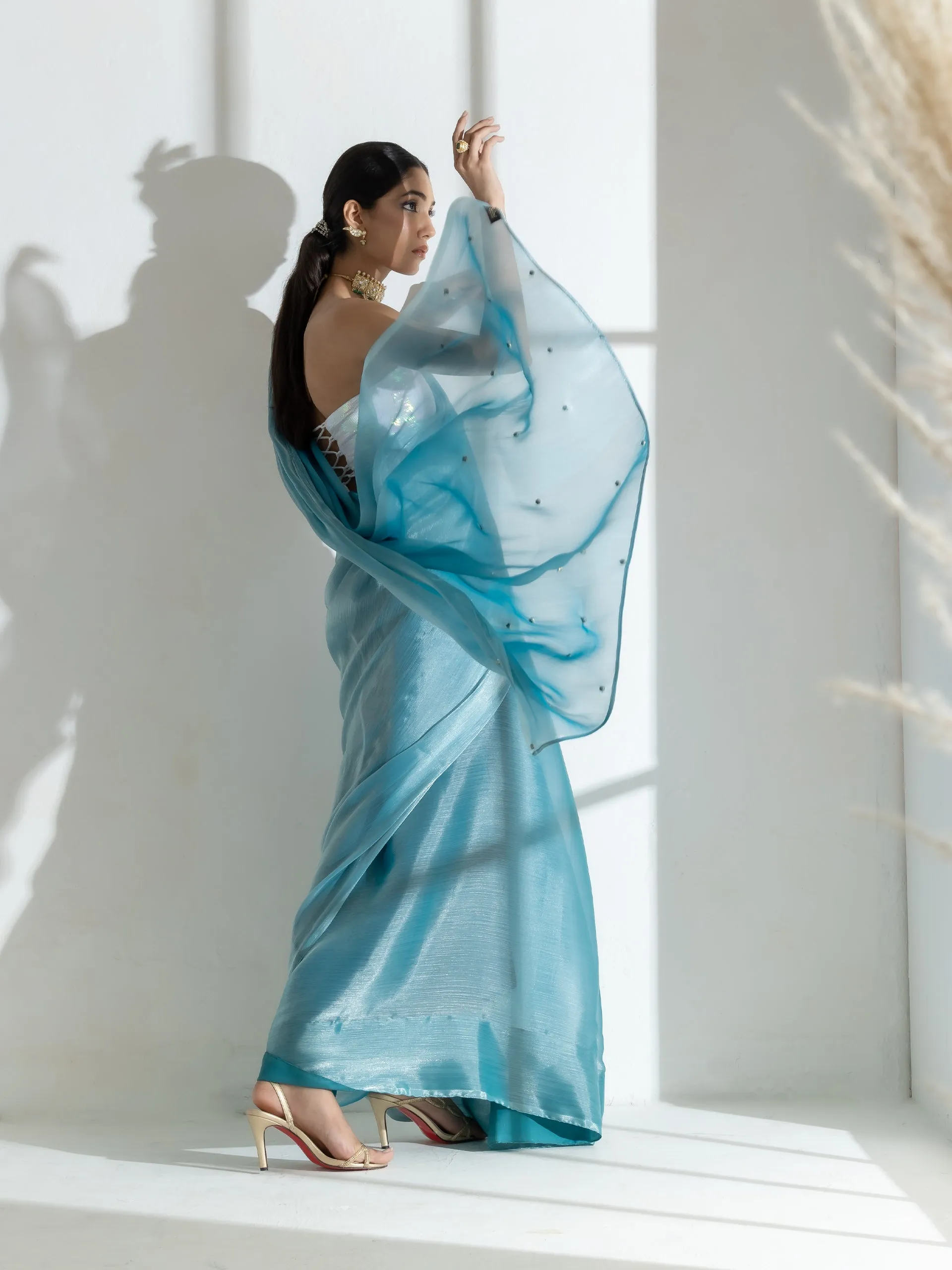 Fashionista Blue Organza Chiffon Saree with Diamond Beads on Pallu with Self Blouse Fabric