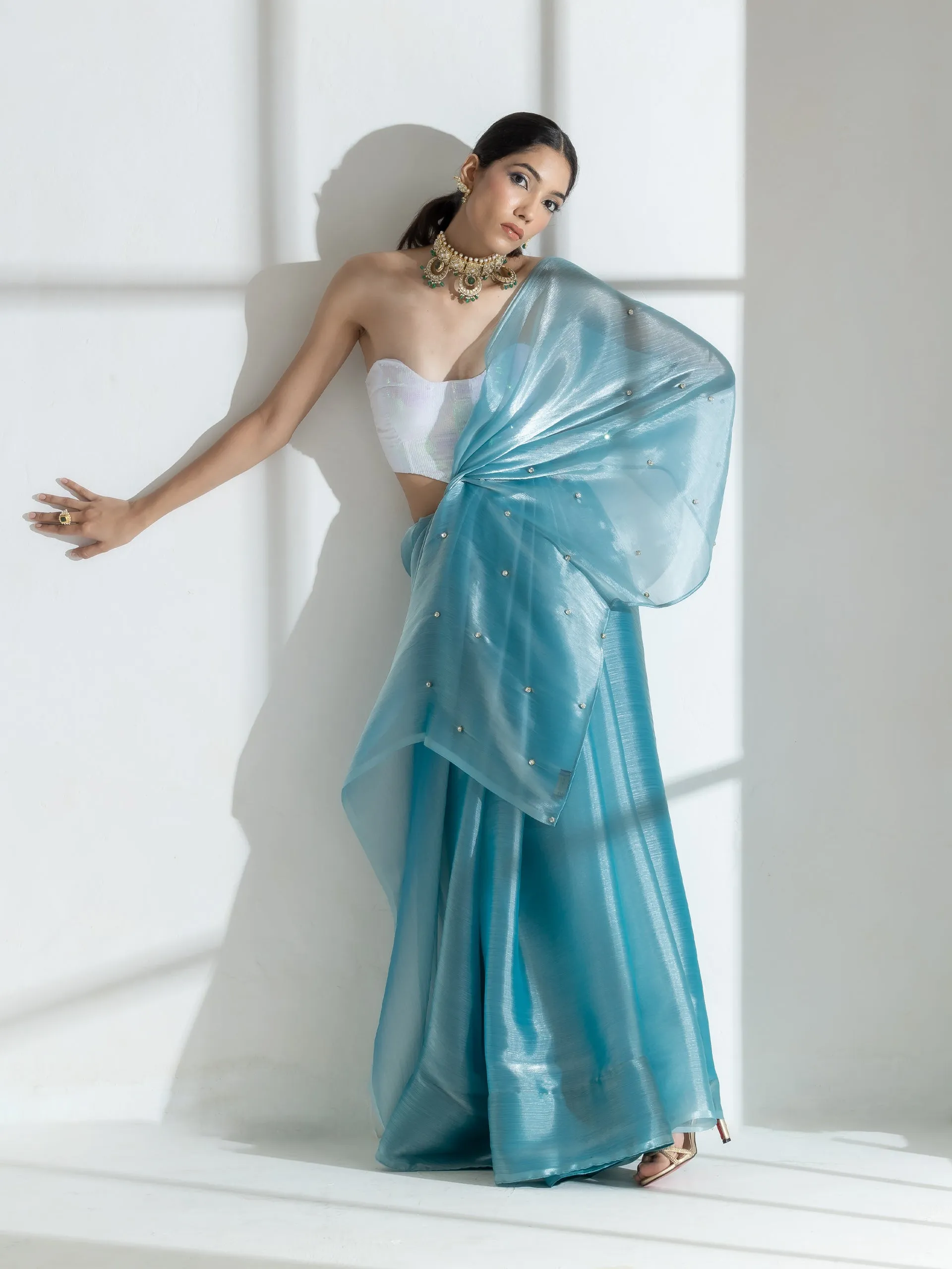 Fashionista Blue Organza Chiffon Saree with Diamond Beads on Pallu with Self Blouse Fabric