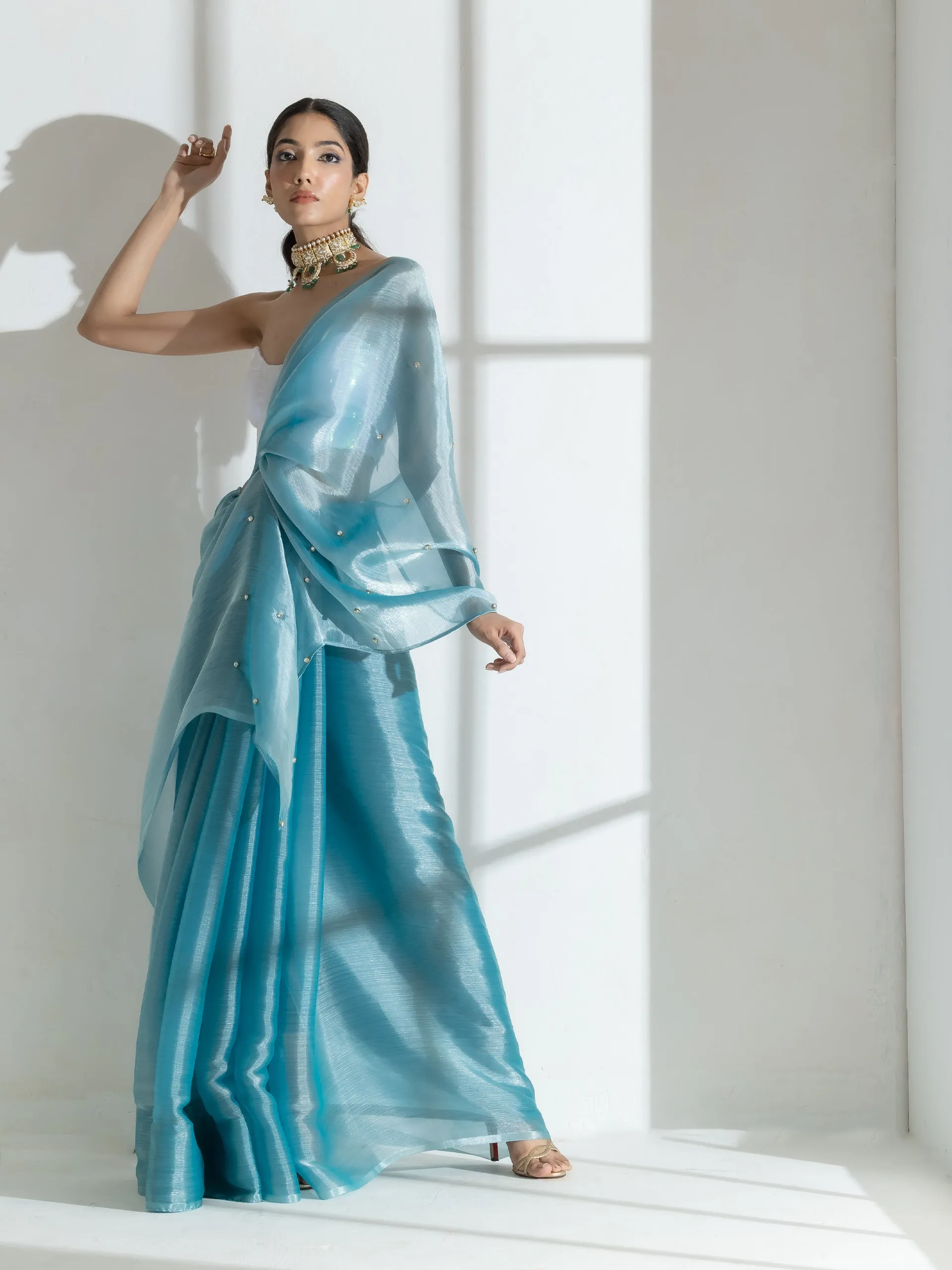 Fashionista Blue Organza Chiffon Saree with Diamond Beads on Pallu with Self Blouse Fabric