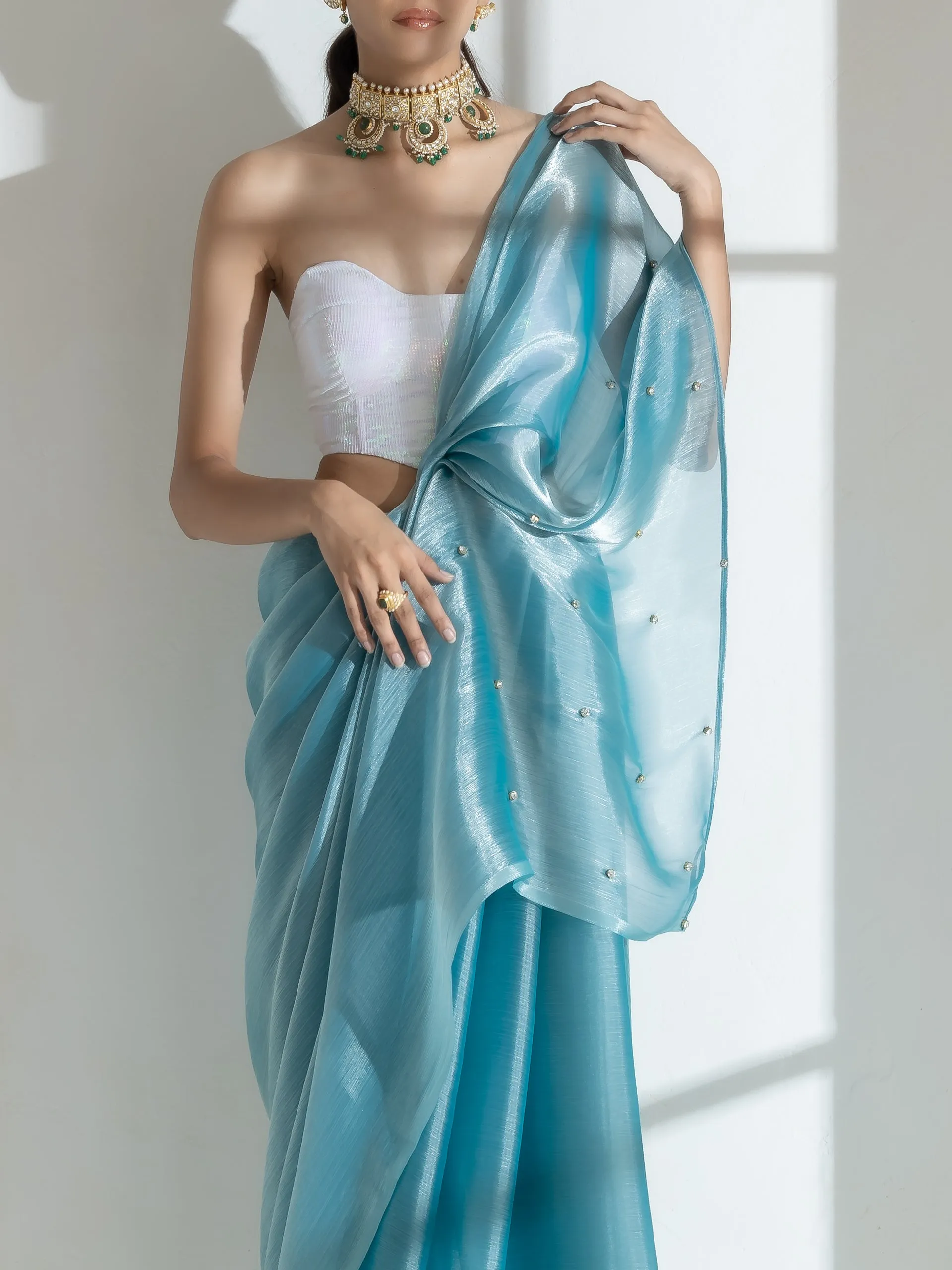 Fashionista Blue Organza Chiffon Saree with Diamond Beads on Pallu with Self Blouse Fabric