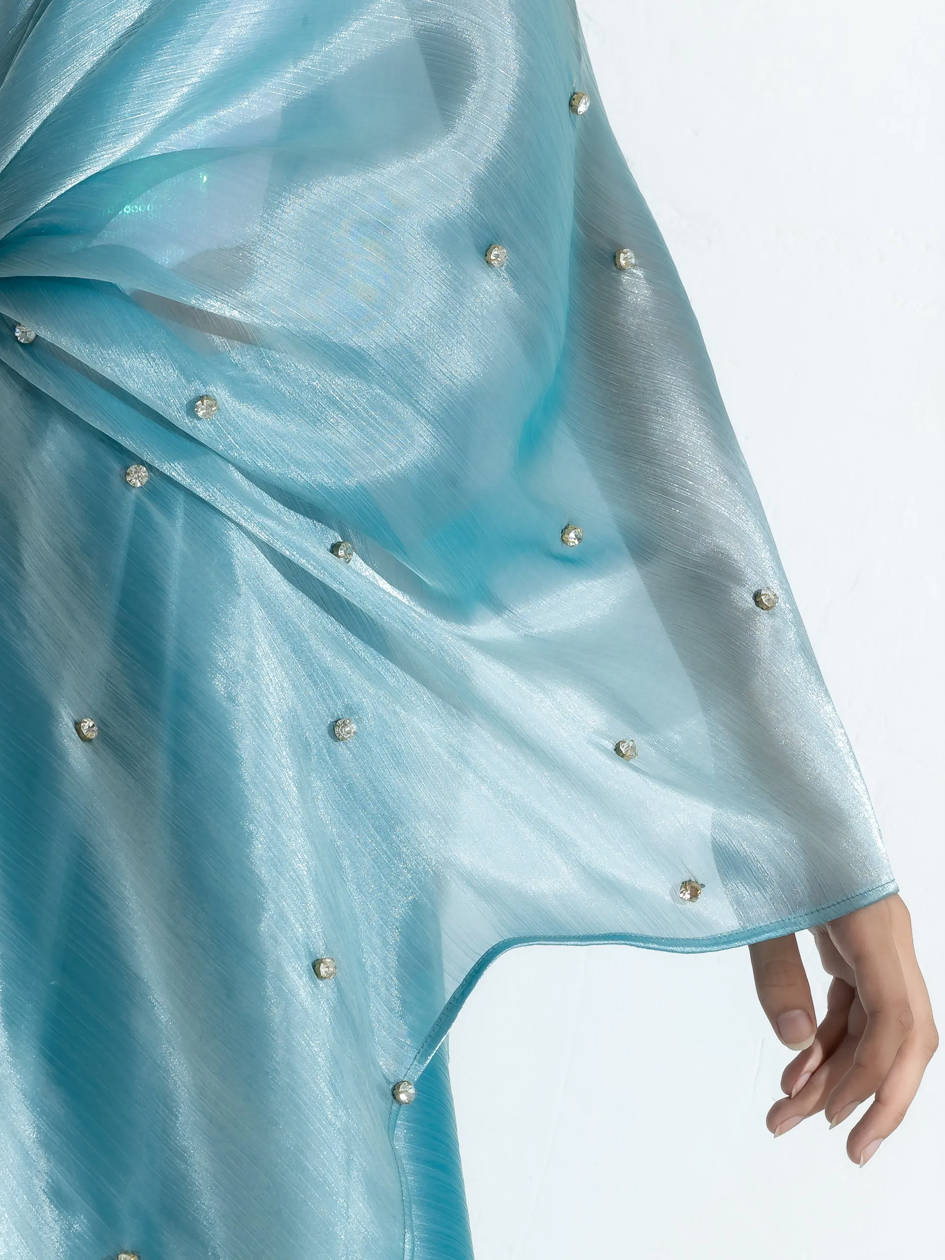 Fashionista Blue Organza Chiffon Saree with Diamond Beads on Pallu with Self Blouse Fabric
