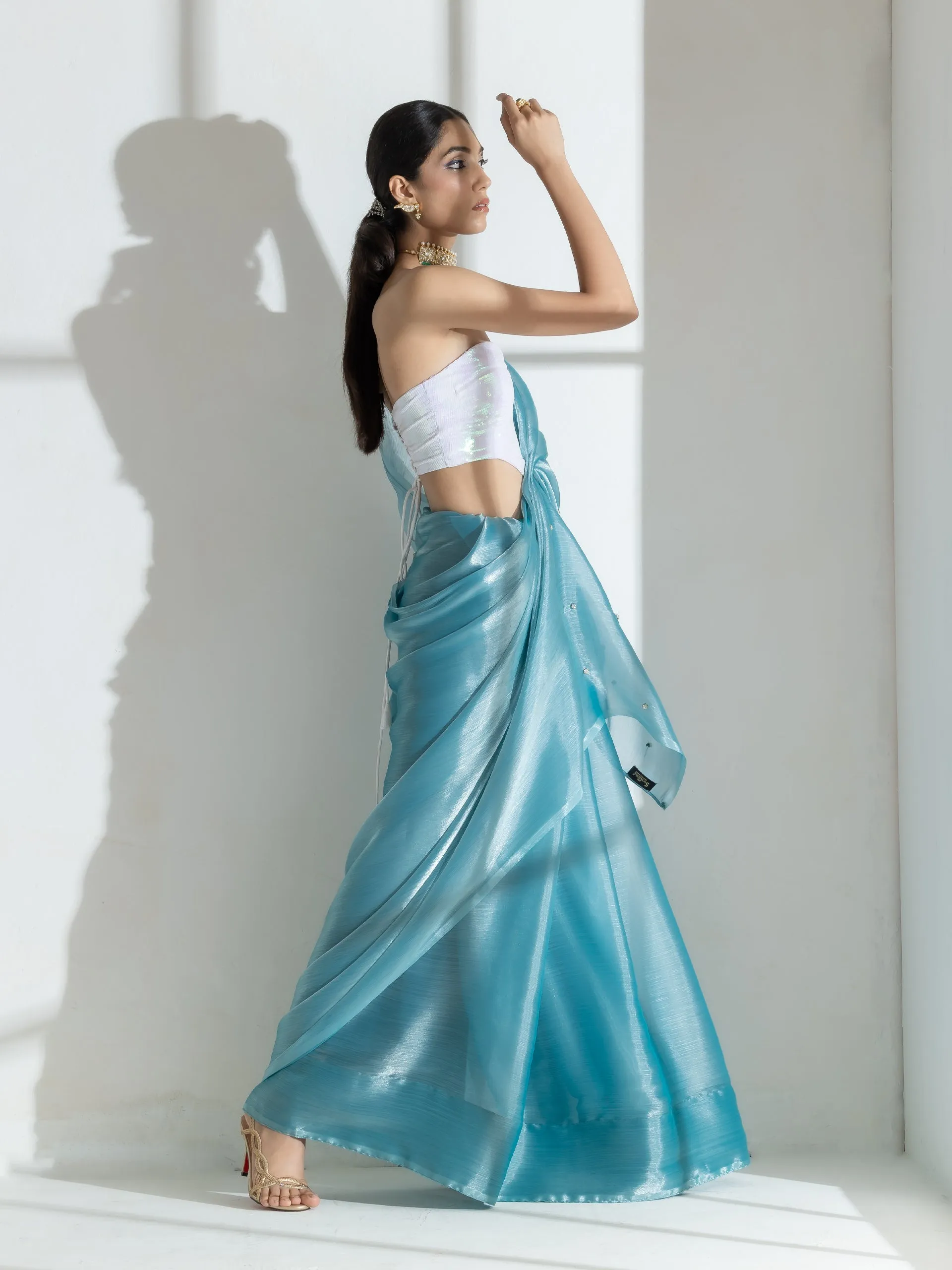 Fashionista Blue Organza Chiffon Saree with Diamond Beads on Pallu with Self Blouse Fabric