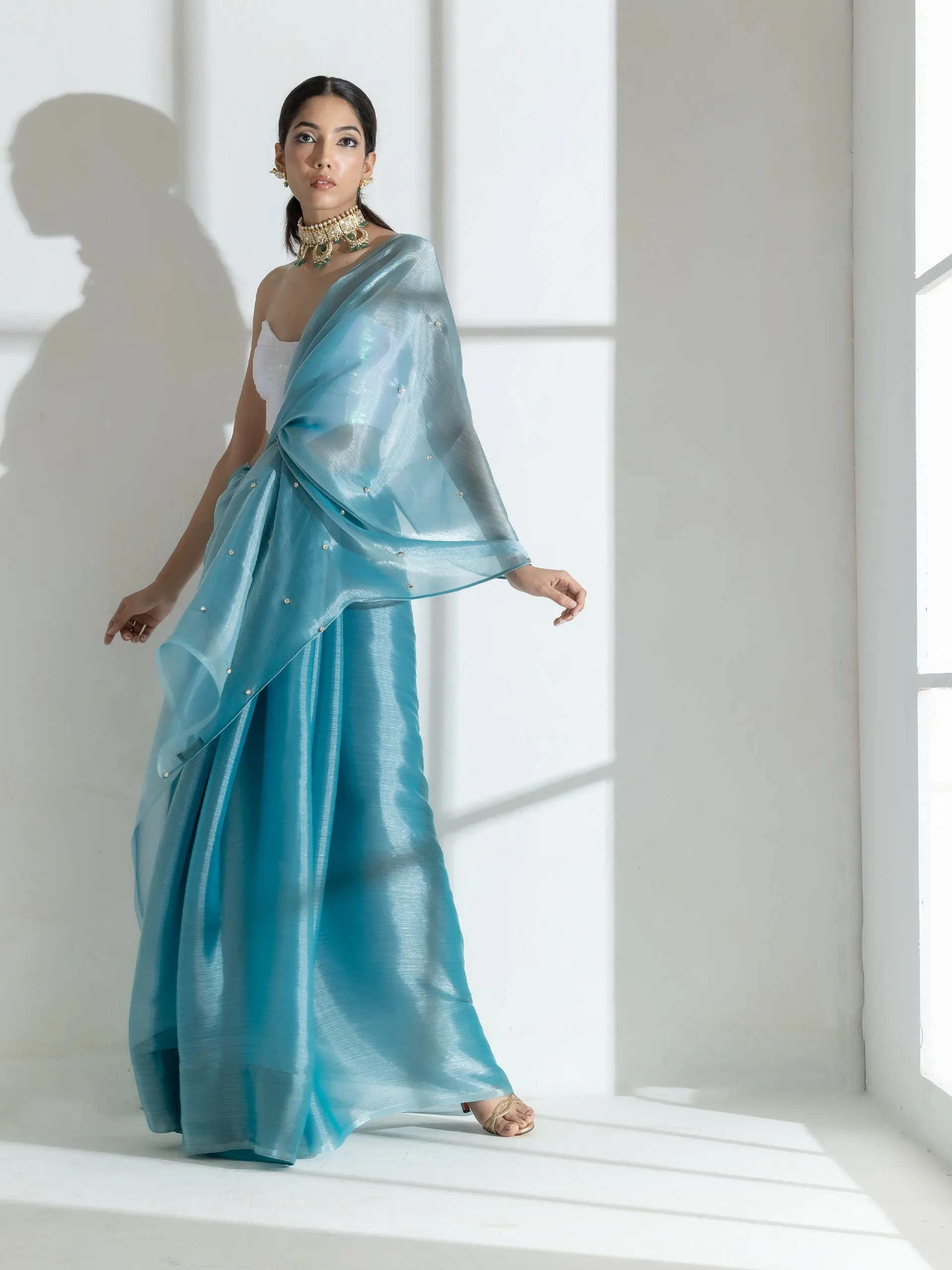 Fashionista Blue Organza Chiffon Saree with Diamond Beads on Pallu with Self Blouse Fabric