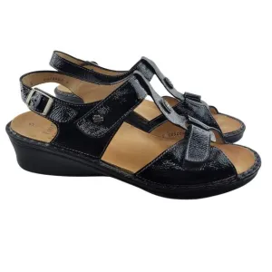Finn Comfort Sandals Womens 8 Adana Black Patent Leather Adjustable Low Wedge