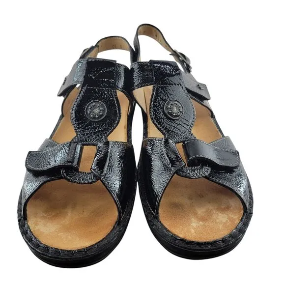 Finn Comfort Sandals Womens 8 Adana Black Patent Leather Adjustable Low Wedge