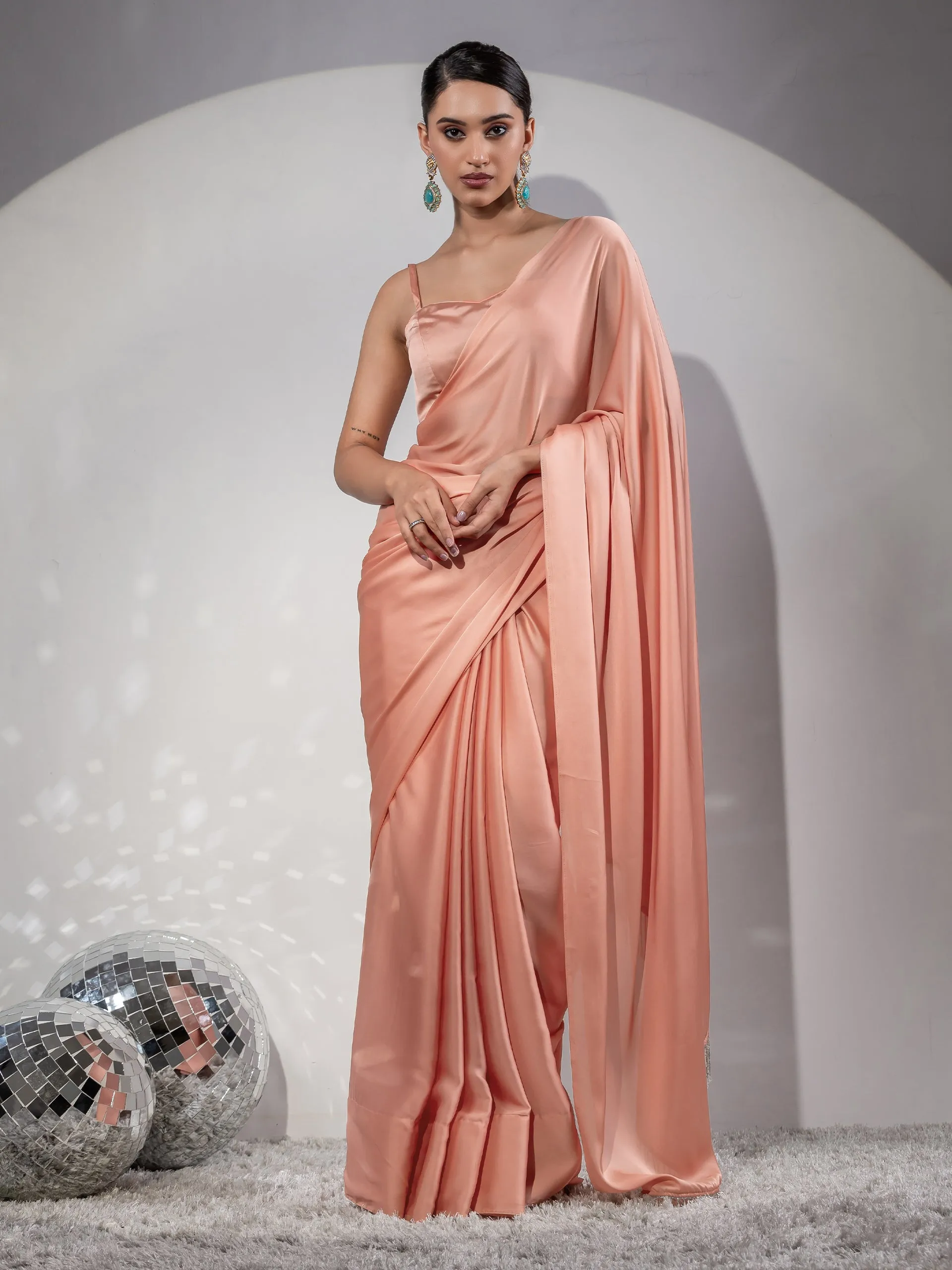 First Date Peach Satin Saree with Beads & Blouse Fabric