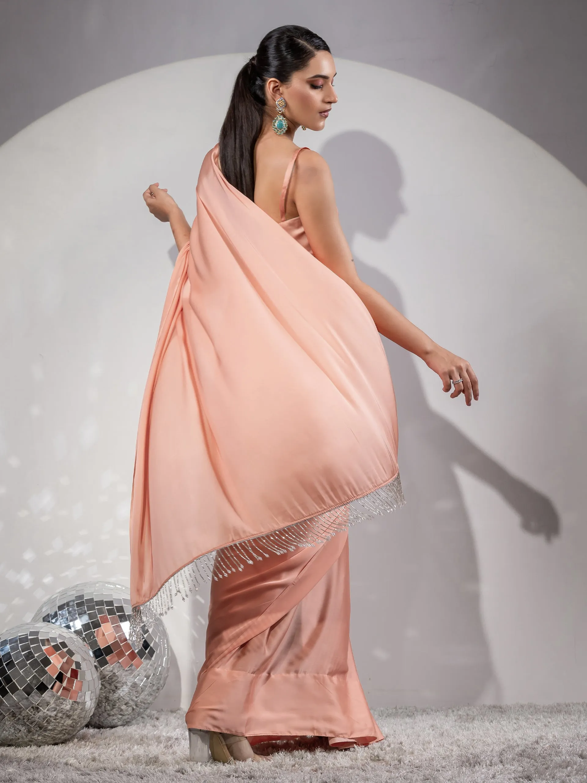 First Date Peach Satin Saree with Beads & Blouse Fabric