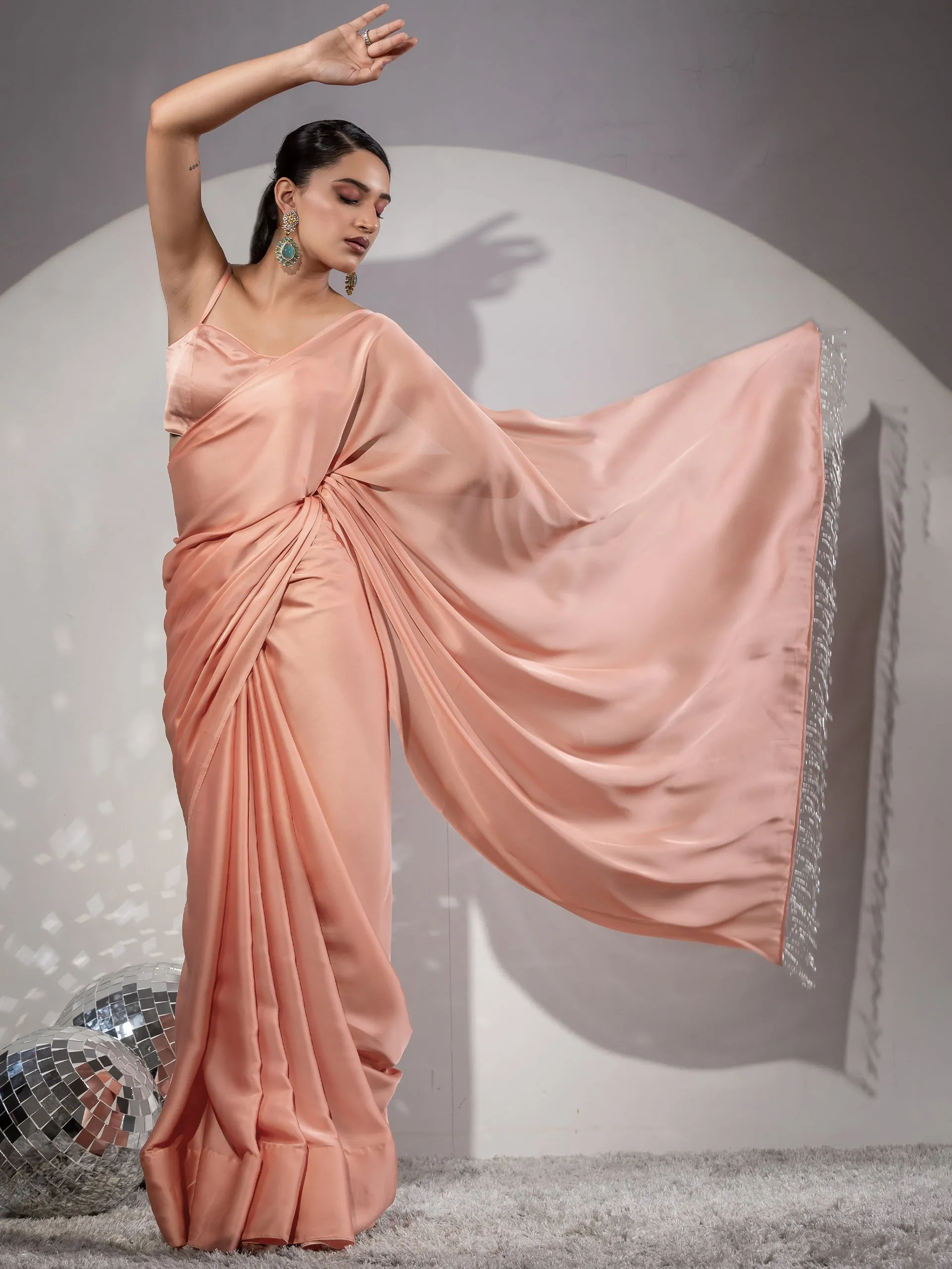 First Date Peach Satin Saree with Beads & Blouse Fabric