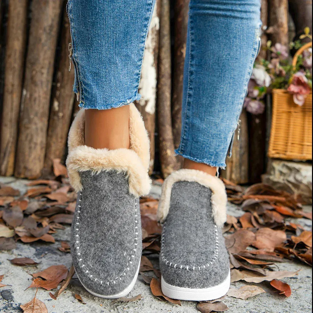 Fleece Ankle Boots, Cozy Furry Slip-On Winter Snow Boots