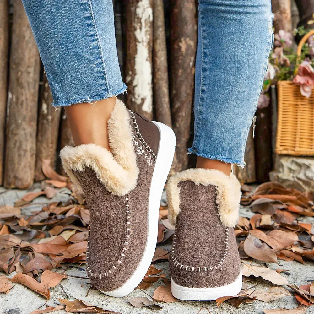 Fleece Ankle Boots, Cozy Furry Slip-On Winter Snow Boots
