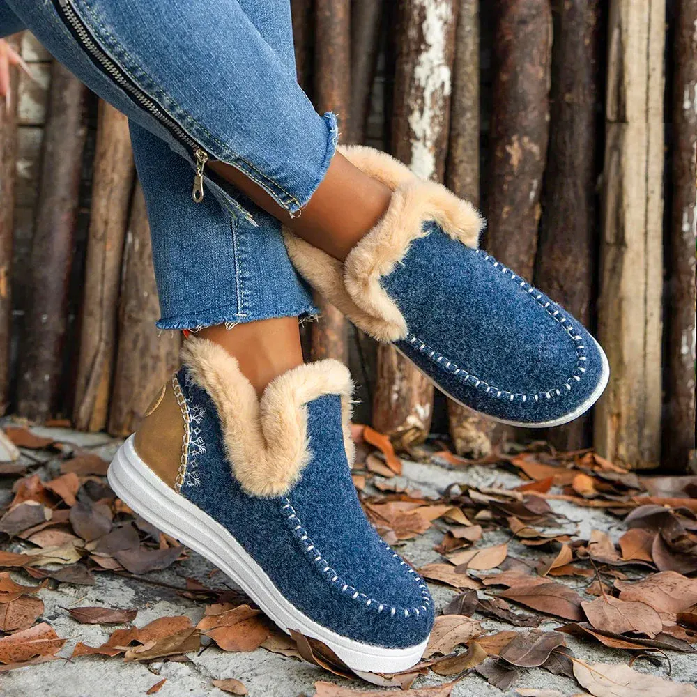 Fleece Ankle Boots, Cozy Furry Slip-On Winter Snow Boots