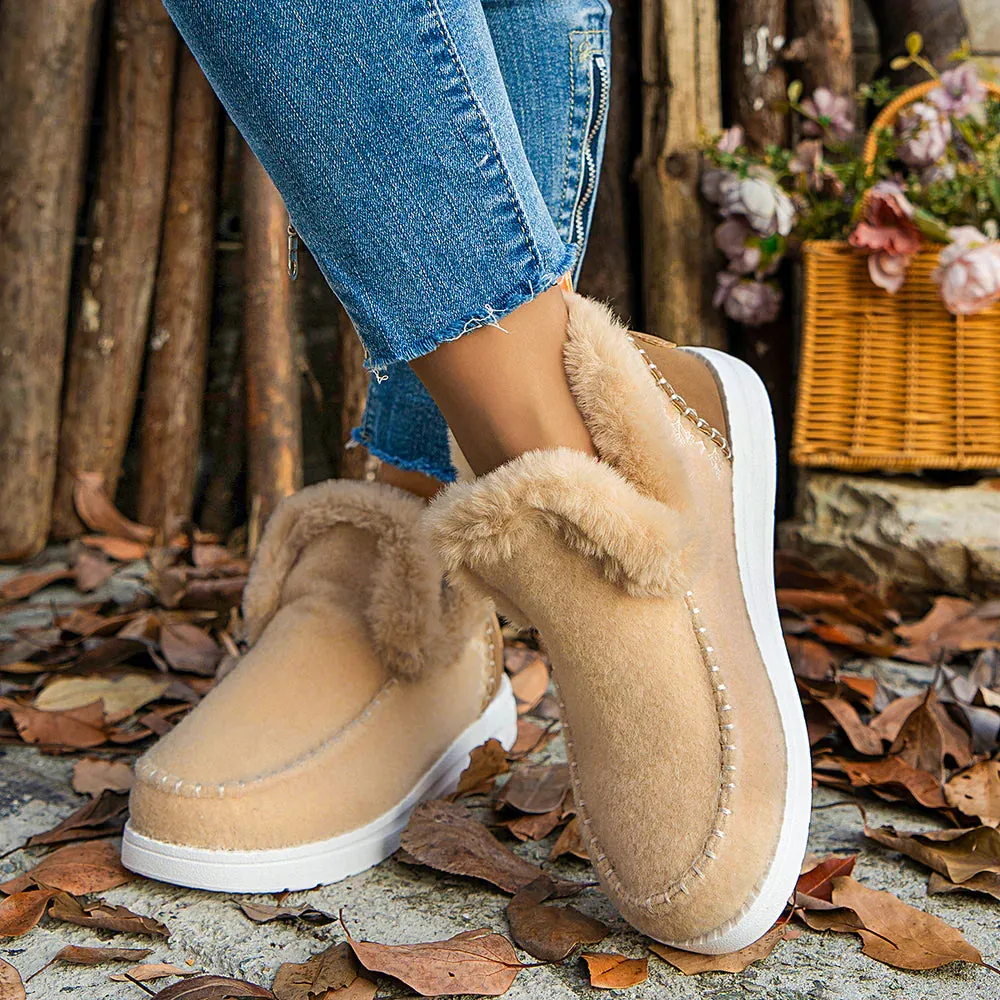 Fleece Ankle Boots, Cozy Furry Slip-On Winter Snow Boots