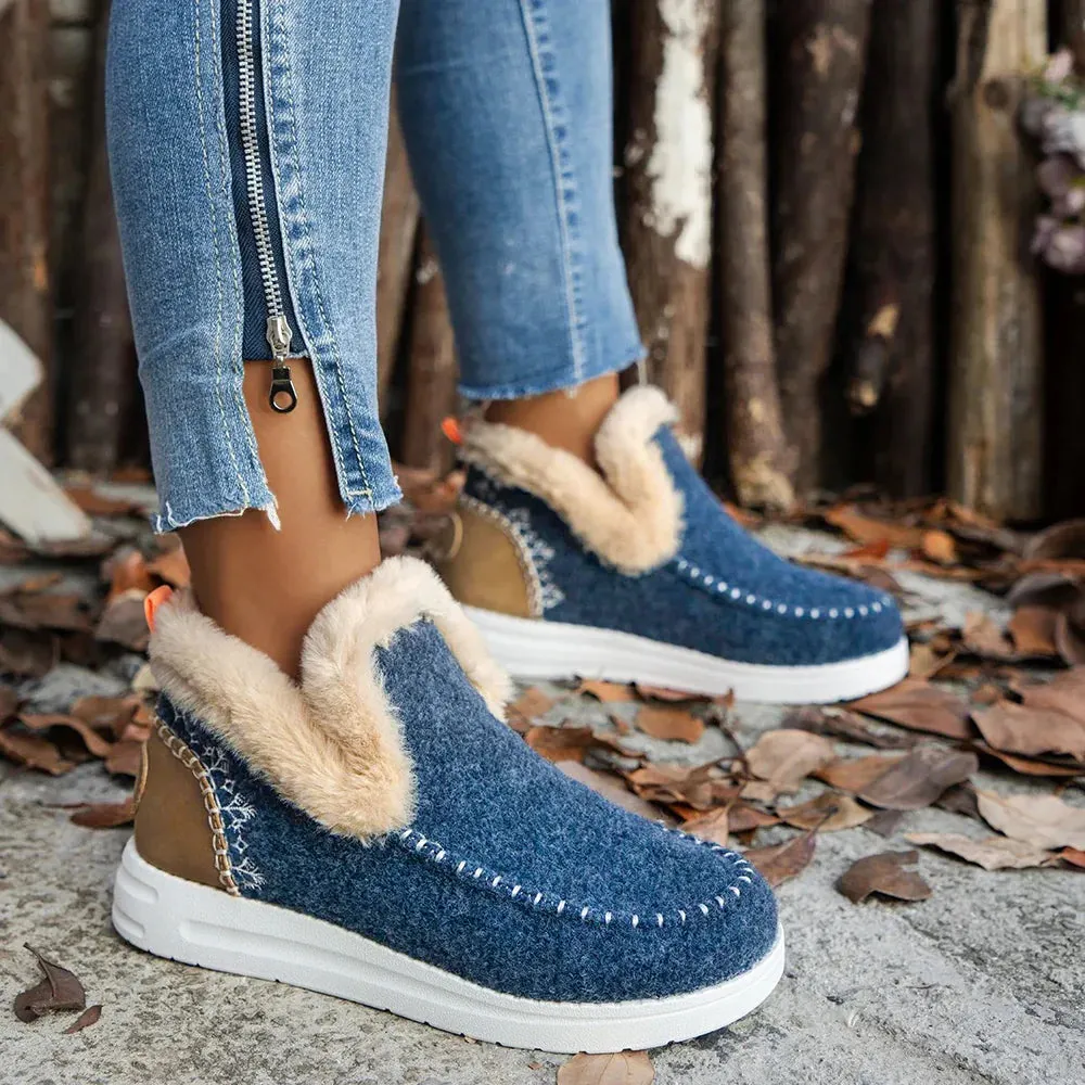 Fleece Ankle Boots, Cozy Furry Slip-On Winter Snow Boots
