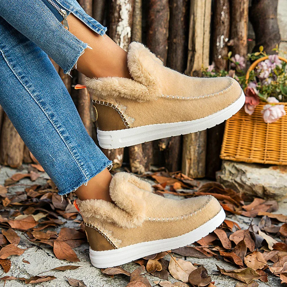 Fleece Ankle Boots, Cozy Furry Slip-On Winter Snow Boots