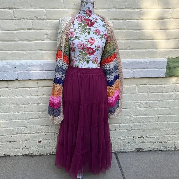 Flouncy Tiered Mesh Skirt in Maroon Berry