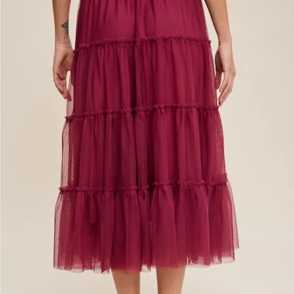 Flouncy Tiered Mesh Skirt in Maroon Berry