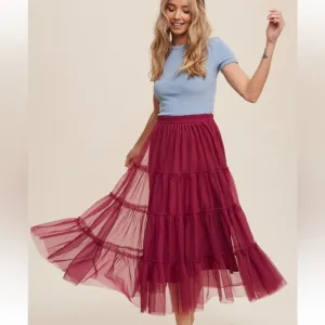 Flouncy Tiered Mesh Skirt in Maroon Berry