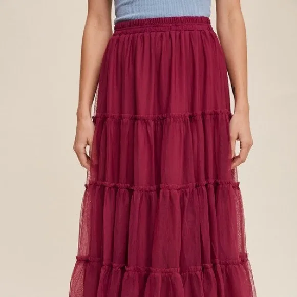 Flouncy Tiered Mesh Skirt in Maroon Berry
