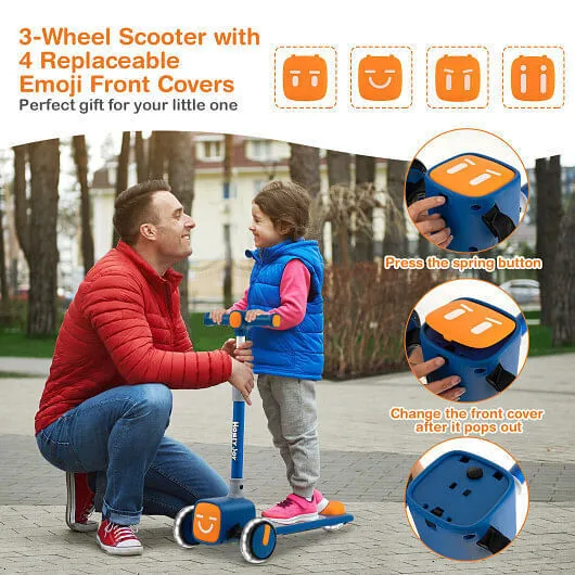 Folding Adjustable Kids Toy Scooter with LED Flashing Wheels Horn 4 Emoji Covers