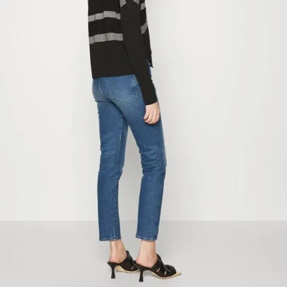 Frame $250 Le High Straight Jeans Huntdale Raw Hem Frayed Stretch size 28
