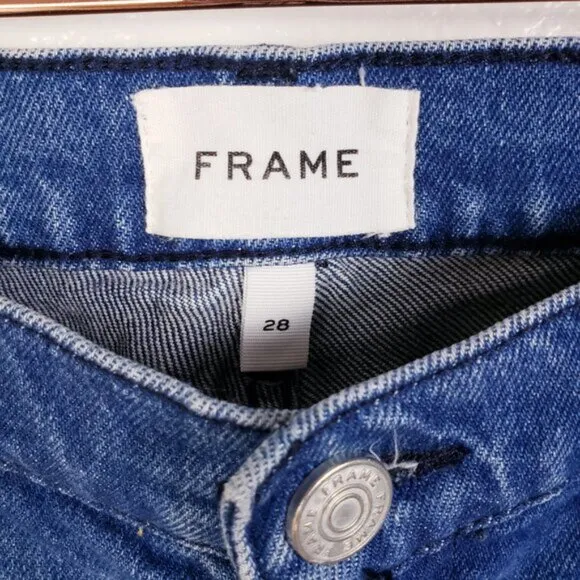 Frame $250 Le High Straight Jeans Huntdale Raw Hem Frayed Stretch size 28