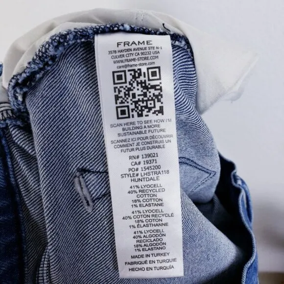 Frame $250 Le High Straight Jeans Huntdale Raw Hem Frayed Stretch size 28