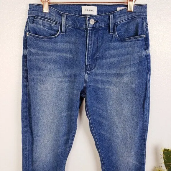 Frame $250 Le High Straight Jeans Huntdale Raw Hem Frayed Stretch size 28