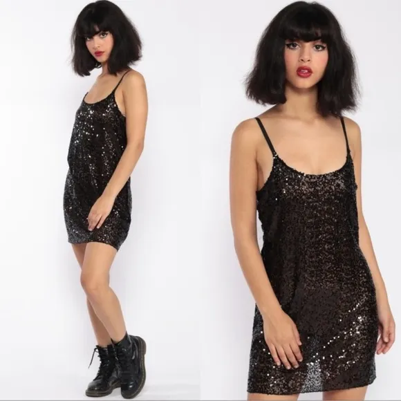 Free People Intimately Free Sexy Sheer Sequined Slip Dress Black. Size Large