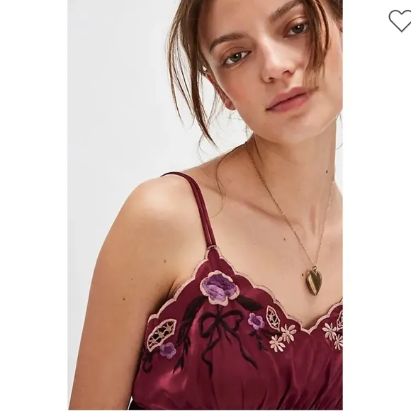 Free People Intimately Morning Kiss Embroidered Mini Slip, Red/Rouge, S, NWOT